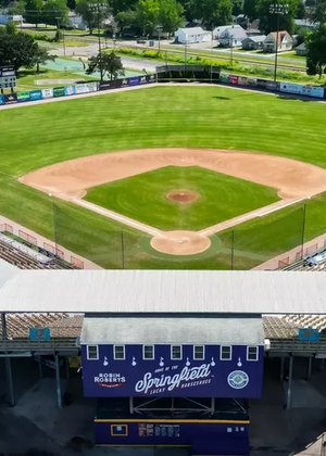A photo of Robin Roberts Stadium in Springfield, featuring baseball field and press box
