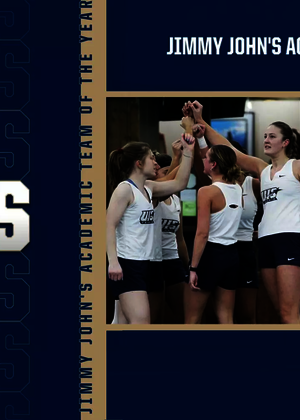 Women's Tennis. Jimmy John's Academic Team of the Year. A photo of a women's tennis team huddle. UIS Athletics logo, Jimmy John's logo.