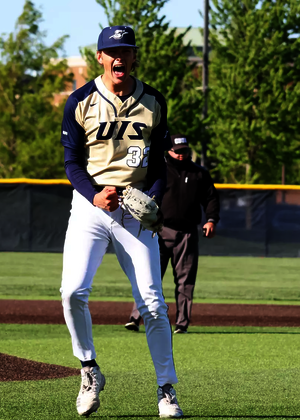 Mark DeCicco celebrating a strikeout at the UIS baseball field