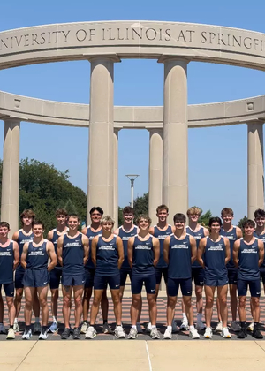 2026 UIS Men's Cross Country team photo at the Colonnade at UIS