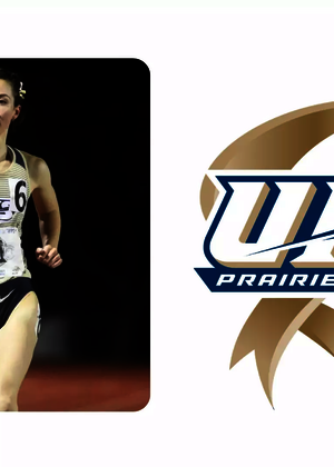 A photo of Taryn Christy running track, paired with the UIS Athletics 15 Years of NCAA DII logo