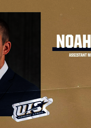 Noah Jacobs, Assistant men's basketball Coach. UIS Athletics logo. Gold background with blue accents
