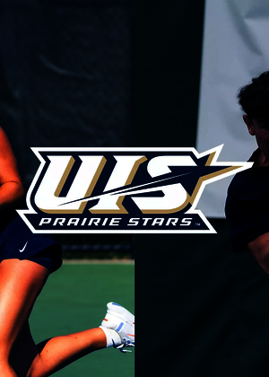 Photos of UIS tennis athletes and UIS Prairie Stars logo