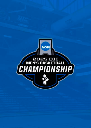 A photo of TRAC arena in the background behind a 2025 NCAA DII Men's Basketball Championships logo