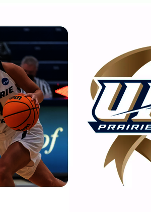 A celebration photo on court of 2021-22 UIS women's basketball athlete Lauren Ladowski, paired with UIS Athletics logo for 15 years of DII membership celebration