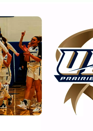 A celebration photo on court of 2021-22 UIS women's basketball, paired with UIS Athletics logo for 15 years of DII membership celebration