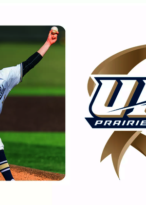 A photo of AJ Dean pitching in UIS baseball uniform, paired with UIS Athletics logo for 15 years of DII membership celebration