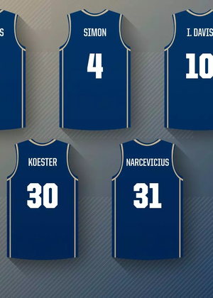Graphic introducing the 2025–26 UIS Men’s Basketball newcomers. Seven navy jerseys with white text are displayed, each showing a player’s last name and number. Top row: A. Davis (#3), Simon (#4), I. Davis (#10), M. Williams (#12). Bottom row: Koester (#30), Narcevicius (#31), Stell (#32). On the left side, UIS Prairie Stars logo and text reads ‘2025–26 Newcomers, UIS Men’s Basketball.’"