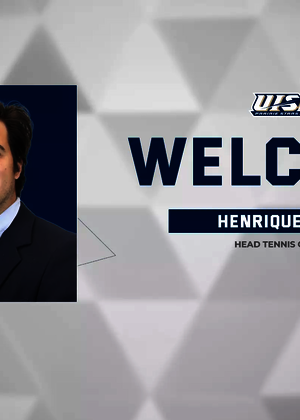 Welcome Henrique Leal, Head Tennis Coach. Headshot of Henrique, white and silver background, blue elements.