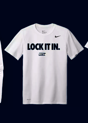 UIS 'Lock It In" tees, white shirt on a blue background