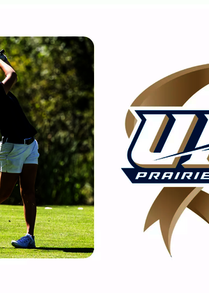 A photo of Elaine Grant golfing paired with logo for UIS 15 Years of NCAA DII recognition series
