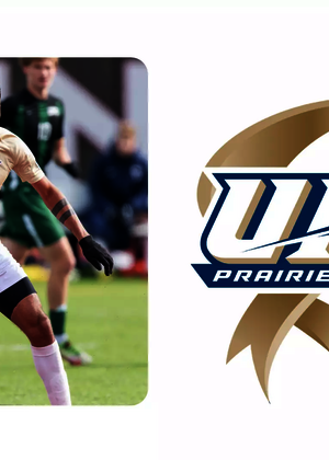 A photo of Adrian Adams playing soccer paired with logo for 15 Years of NCAA