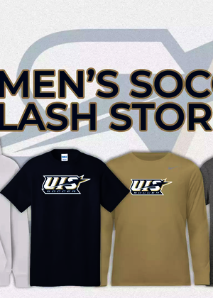 UIS Men's Soccer Team Flash Store graphic, photos of various gear in white, blue, and gold. 