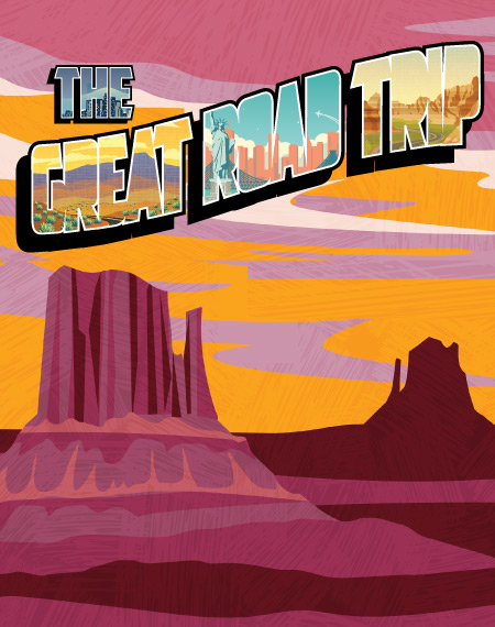 Graphic with text “The Great Road Trip” on a desert background