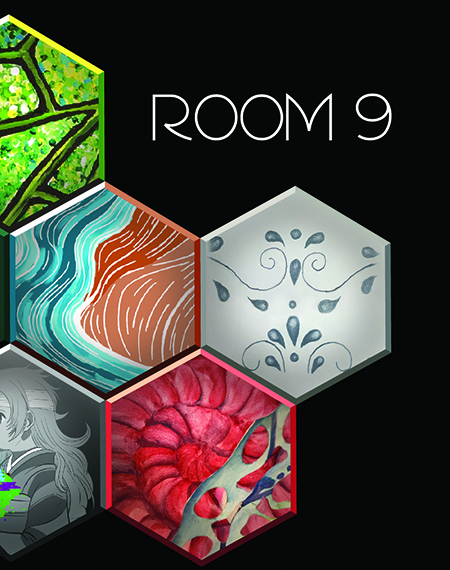 Nine hexagons featuring different images are stacked in three rows. Two in the top row, four in the middle row and three in the bottom row. The text “Room 9” is off to the right of the hexagons. 