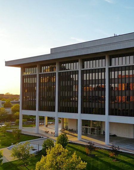 Horace Mann building in downtown Springfield at sunset, with trees and sidewalks in the foreground.
