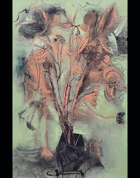 An abstract floral arrangement with mixed media; muted green background, copper accents, and intricate linework creating a whimsical effect.
