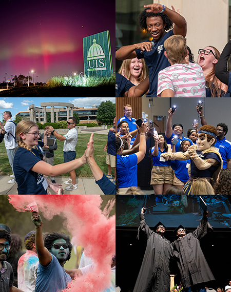 Campus events collage: night light show, group selfies, cheering crowd, high-five, color run, graduation.