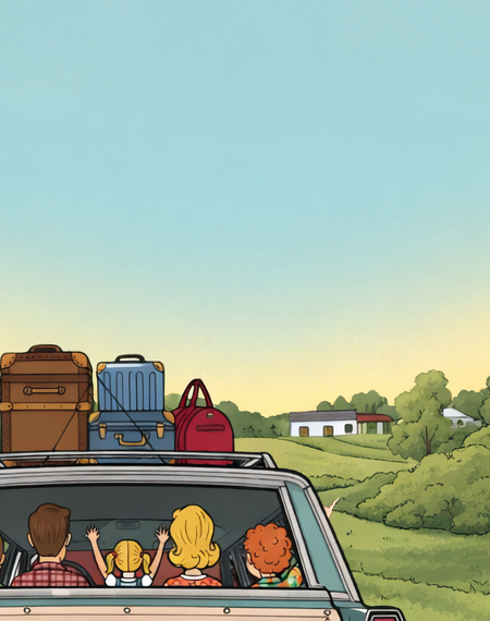 Station wagon with passengers on Route 66, luggage on roof, green landscape.