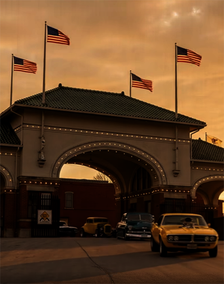 Historic gateway at sunset, vintage cars parked, flags waving.