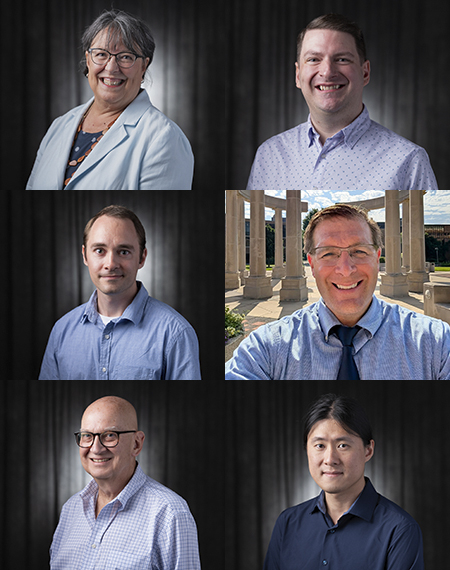 Six people in formal attire, five indoors and one outdoors.