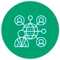 icon of person in front of a globe with other people connected to it