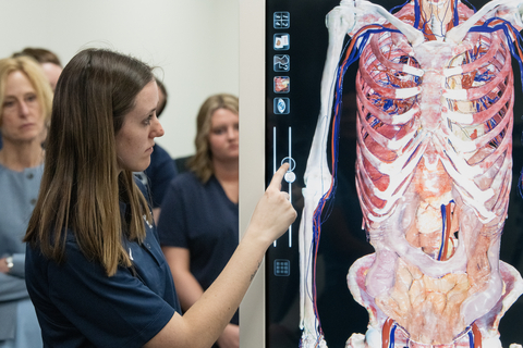 A female student demonstrates how to use an Anatomage table that was donated to UIS from Memorial Health. 