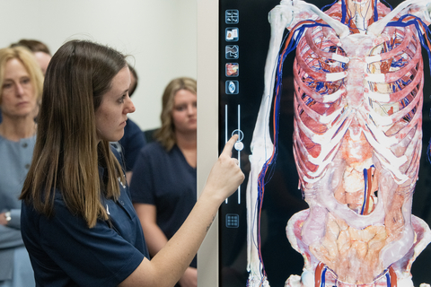 A female student demonstrates how to use an Anatomage table that was donated to UIS from Memorial Health.