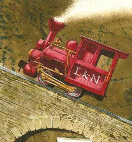 A red train with L & N written on the side going up a steep incline.
