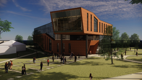 Artistic rendering of new Library Commons building. Features include modern architecture with many windows. The rendering shows people entering and existing the new building from the quad.