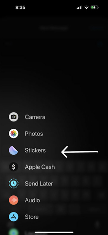 screenshot of iphone with an arrow pointing to where you select Stickers