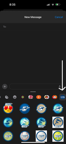 screenshot of iphone with an arrow pointing to where the UIS mobile app icon might be in the stickers category