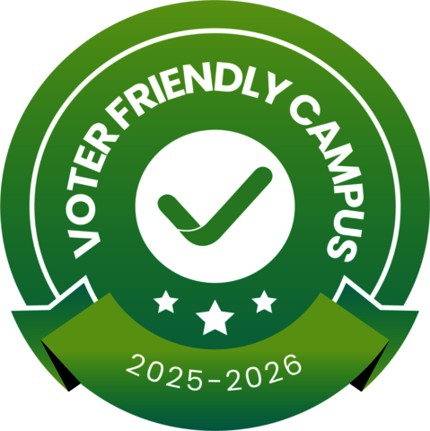 Voter Friendly Campus Logo.  Green and white circle with the words Voter Friendly Campus 2025-2026 and a check mark in the center