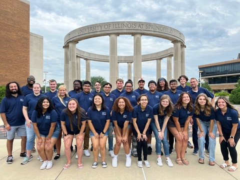 Resident Assistant group photo in front of the colonnade