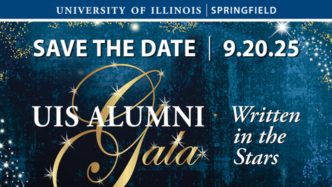 blue background with white and gold dots and the UIS and UIS Alumni Gala logos with Save the Date 9.20.25 Written in the Stars