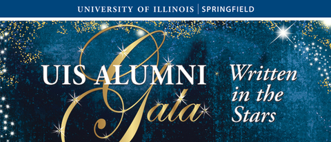 Blue background with white and gold stars and the UIS logo, Alumni Gala logo and Written in the Stars