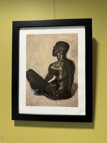 a charcoal drawing of a black man sitting away from the viewer by Oluwatobi Akinroluko