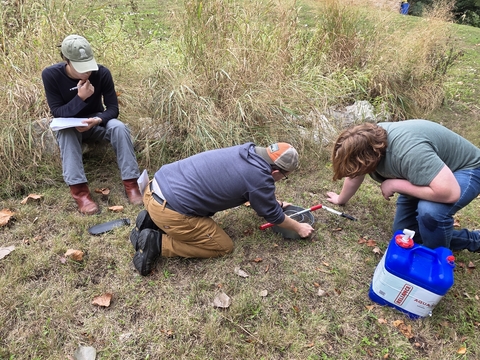 Research team conducting field sampling near irrigation ditch, with one person recording data and two collecting soil samples