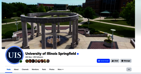 Screen grab of the UIS Facebook page with header image of the colonnade.