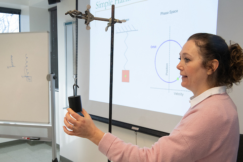 A professor teaches in front of their class.