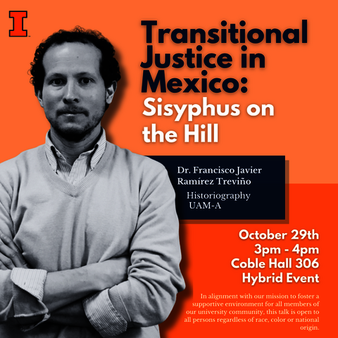 Flyer for Dr. Trevino's UIUC. He stands with arms crossed against an orange backdrop, with the lecture information next to him.