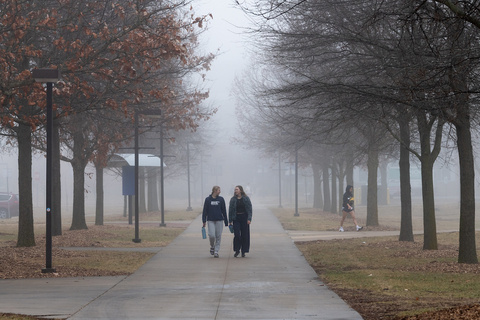 Foggy UIS sidewalk with two people walking, bare trees on either side.
