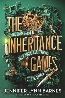 book cover for the inheritance games showing collage of images including a chess king, candle, dagger, and a tiara.