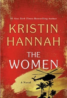 book cover for the women by hannah kristin showing a palm tree landscape with a low flying military helicopter hovering over it.