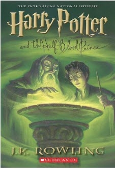 book cover for harry potter and the half-blood prince showing harry and a wizard gazing into a glowing bowl.