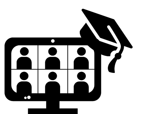 A stick figure zoom session with a graduation cap on the side of the screen.