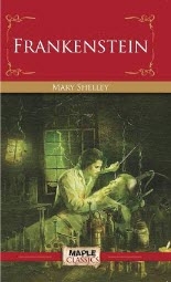 Book cover for Frankenstein featuring a man dressed like a dr administering some kind of care to a being on gurney.