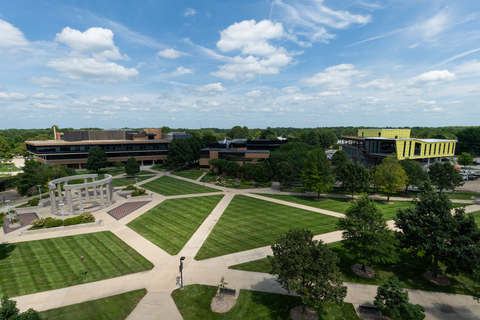 Drone view of Library Commons on the UIS quad