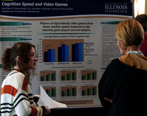 A woman presenting a display of bar charts to another woman.