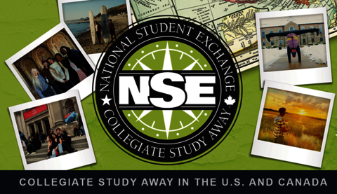photo snapshots of students on exchange, large campus logo on a lime green background